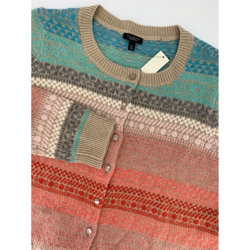Talbots Sweater 1X Petite Orange Green Stripe Knit Cardigan Mohair Lambswool NEW